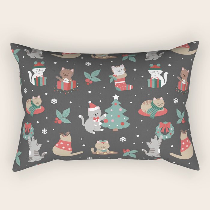 Christmas Festive Cute Holiday Kittens on Dark Rectangular Pillow Gallery Image 1