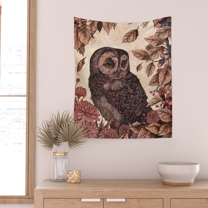 Tawny Owl Pink Wall Tapestry Gallery Image 2