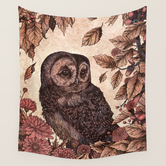 Tawny Owl Pink Wall Tapestry Gallery Image 1
