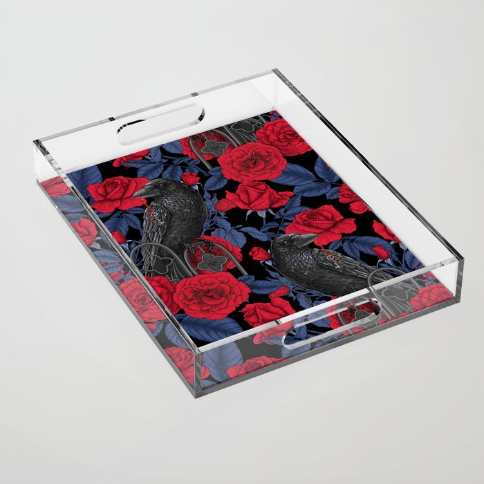 Ravens and red roses with blue leaves Acrylic Tray Gallery Image 1