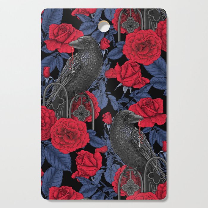 Ravens and red roses with blue leaves Cutting Board Gallery Image 1