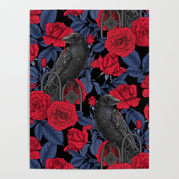 Ravens and red roses with blue leaves Poster Gallery Image 4
