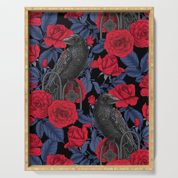 Ravens and red roses with blue leaves Serving Tray Gallery Image 1