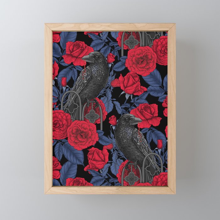 Ravens and red roses with blue leaves Mini Art Print Gallery Image 1