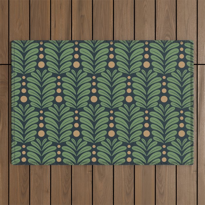Green and Navy Botanical Scalloped Art Deco Pattern Outdoor Rug Gallery Image 1