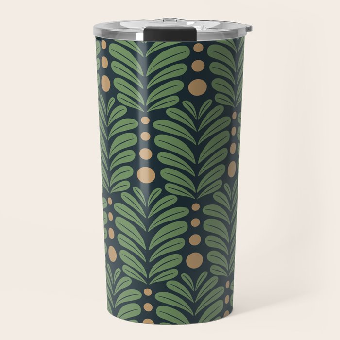 Green and Navy Botanical Scalloped Art Deco Pattern Travel Mug Gallery Image 1