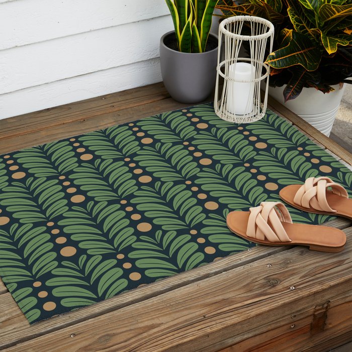 Green and Navy Botanical Scalloped Art Deco Pattern Outdoor Rug Gallery Image 2