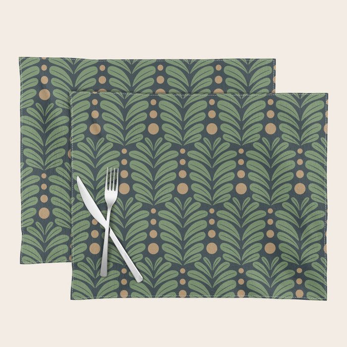 Green and Navy Botanical Scalloped Art Deco Pattern Placemat Gallery Image 1