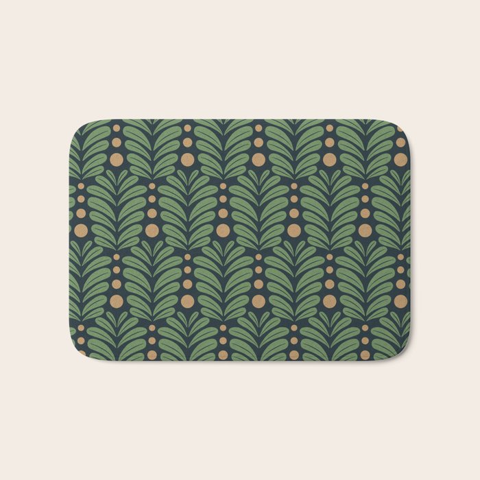 Green and Navy Botanical Scalloped Art Deco Pattern Bath Mat Gallery Image 1
