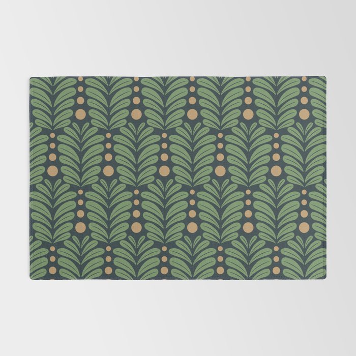 Green and Navy Botanical Scalloped Art Deco Pattern Rug Gallery Image 2