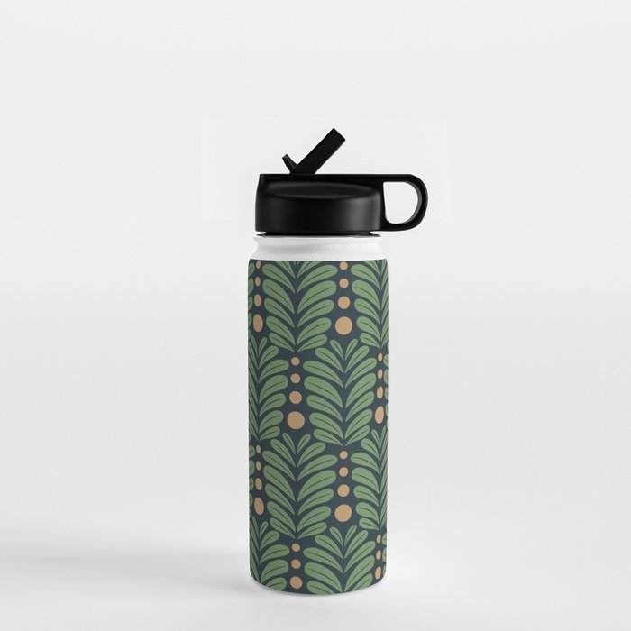 Green and Navy Botanical Scalloped Art Deco Pattern Water Bottle Gallery Image 1