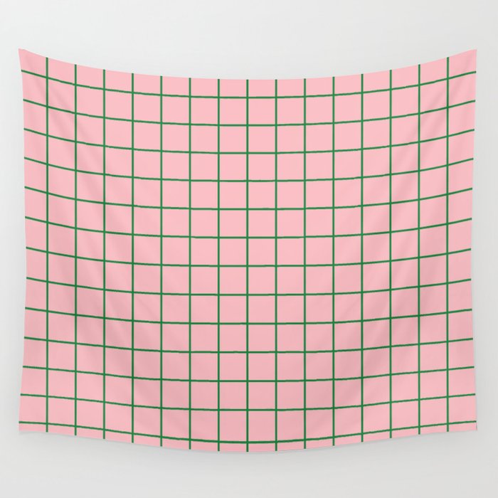Grid Lines Pink and Green Geometric Pattern Wall Tapestry Gallery Image 1