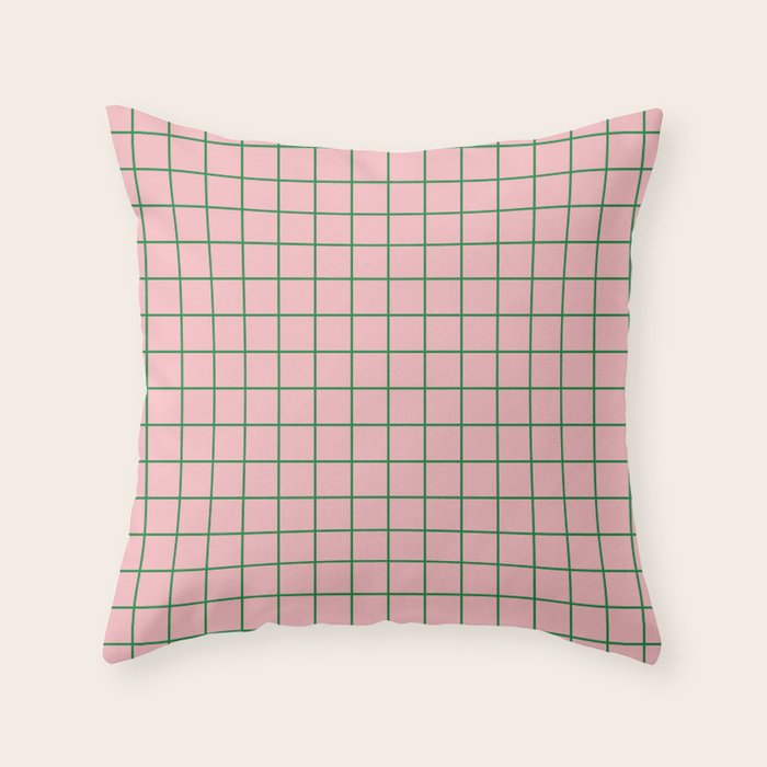 Grid Lines Pink and Green Geometric Pattern Throw Pillow Gallery Image 1