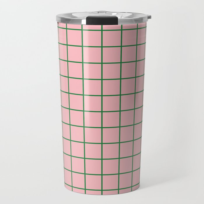 Grid Lines Pink and Green Geometric Pattern Travel Mug Gallery Image 1
