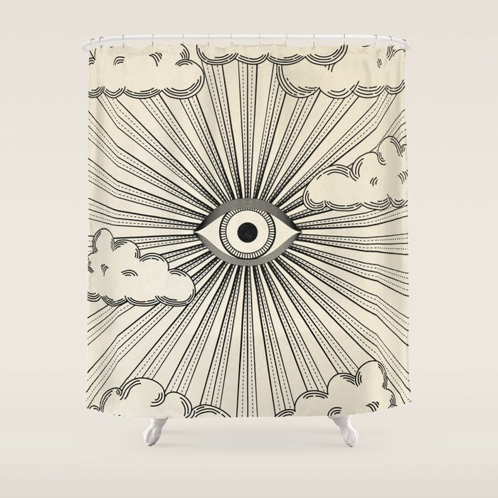 Radiant eye minimal sky scene with clouds - black lines on neutral Shower Curtain Gallery Image 1