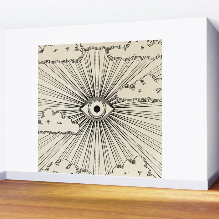 Radiant eye minimal sky scene with clouds - black lines on neutral Wall Mural Gallery Image 2