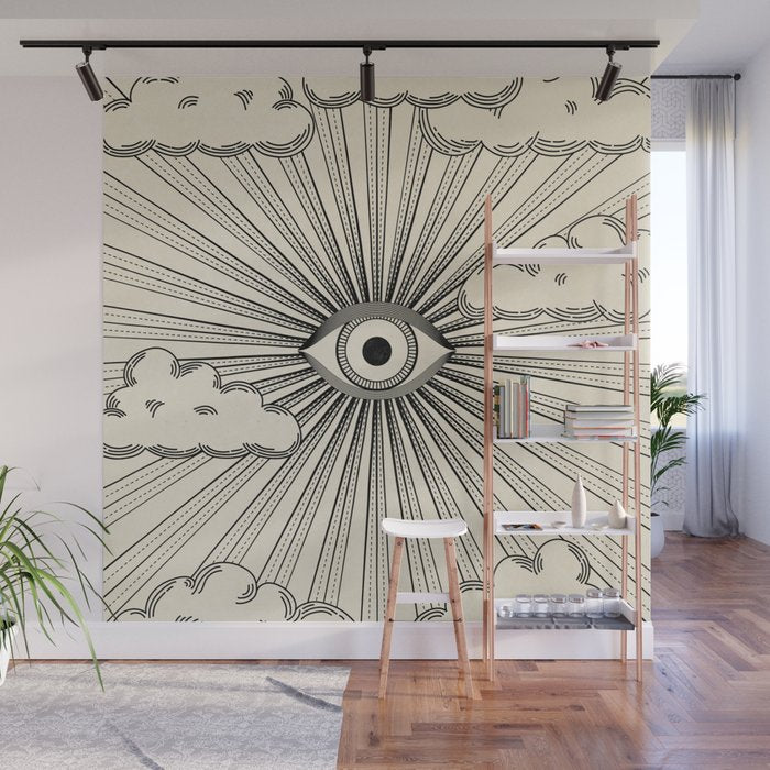 Radiant eye minimal sky scene with clouds - black lines on neutral Wall Mural Gallery Image 1