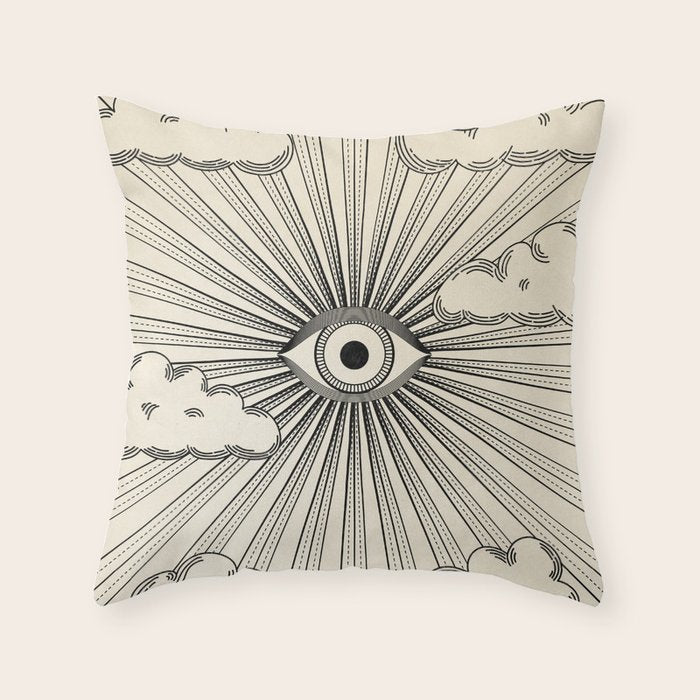 Radiant eye minimal sky scene with clouds - black lines on neutral Throw Pillow Gallery Image 6