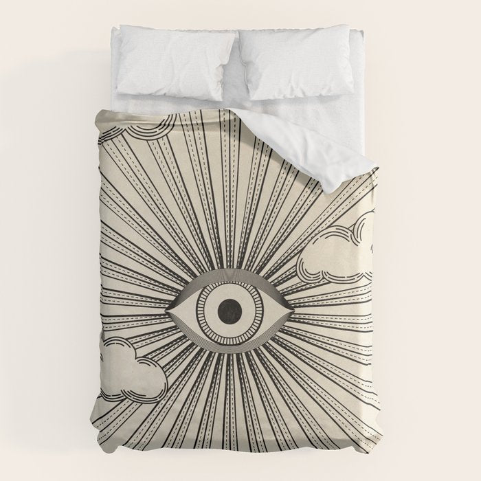 Radiant eye minimal sky scene with clouds - black lines on neutral Duvet Cover Gallery Image 6