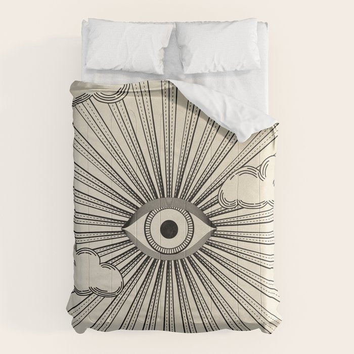 Radiant eye minimal sky scene with clouds - black lines on neutral Comforter Gallery Image 6