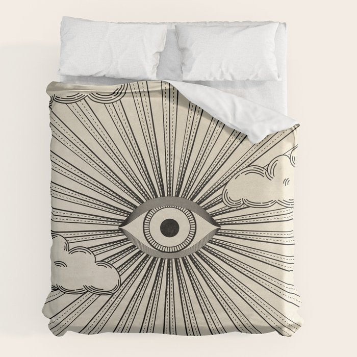 Radiant eye minimal sky scene with clouds - black lines on neutral Duvet Cover
