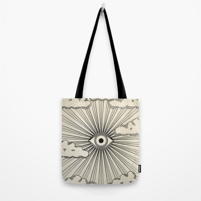 Radiant eye minimal sky scene with clouds - black lines on neutral Tote Bag Gallery Image 2