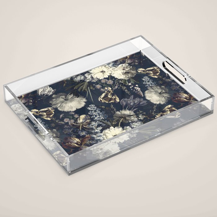 Antique Blue Moonlight Midnight Baroque Flower Garden Acrylic Tray Gallery Image 1