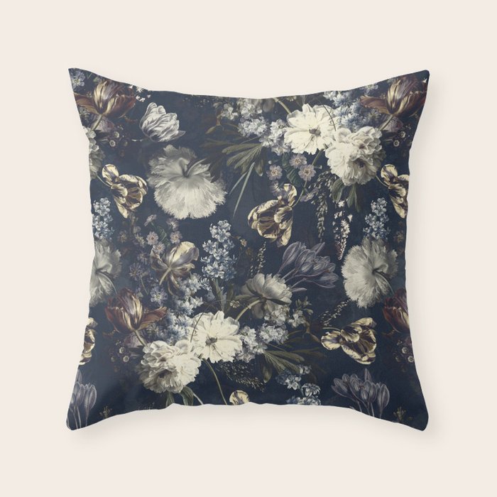 Antique Blue Moonlight Midnight Baroque Flower Garden Throw Pillow Gallery Image 1