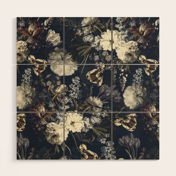 Antique Blue Moonlight Midnight Baroque Flower Garden Wood Wall Art Gallery Image 1
