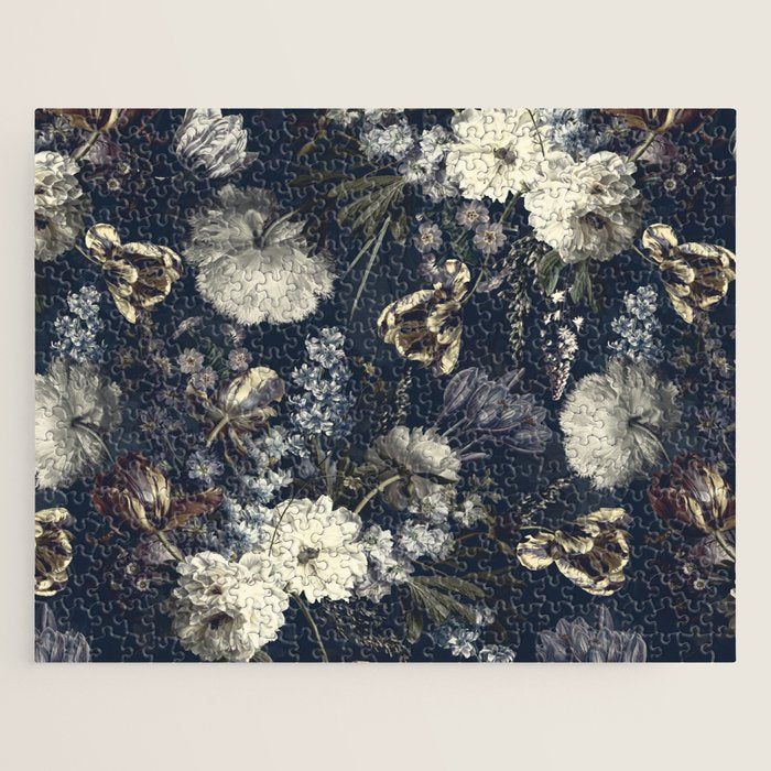 Antique Blue Moonlight Midnight Baroque Flower Garden Jigsaw Puzzle Gallery Image 1