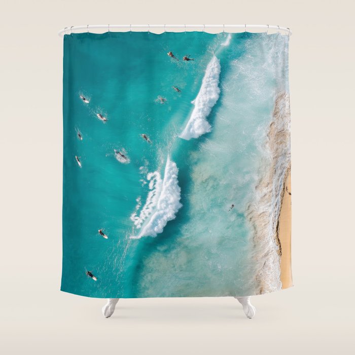 Surfers in Blue Waves Shower Curtain Gallery Image 1