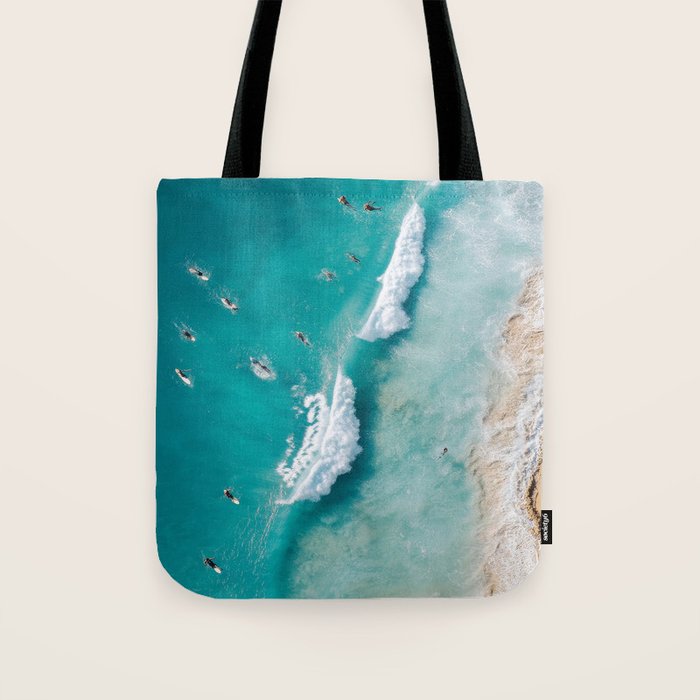 Surfers in Blue Waves Tote Bag Gallery Image 1