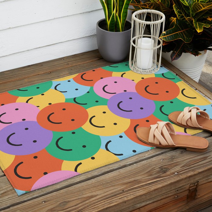 Colorful happy smiling face pattern Outdoor Rug Gallery Image 2