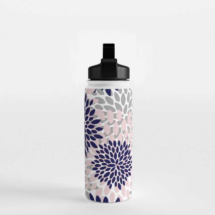 Abstract, Floral Prints, Navy Blue, Grey and Pink Water Bottle Gallery Image 2