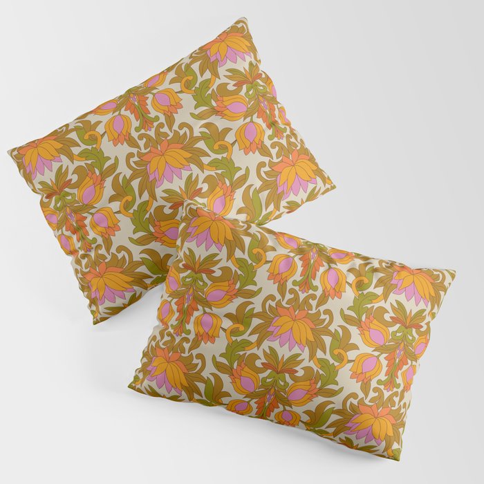 Orange, Pink Flowers and Green Leaves 1960s Retro Vintage Pattern Pillow Sham Gallery Image 3