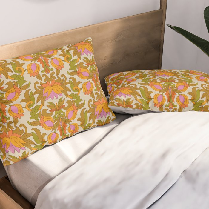 Orange, Pink Flowers and Green Leaves 1960s Retro Vintage Pattern Pillow Sham Gallery Image 2