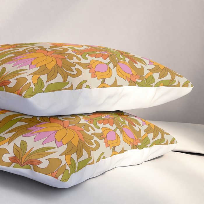 Orange, Pink Flowers and Green Leaves 1960s Retro Vintage Pattern Pillow Sham Gallery Image 3