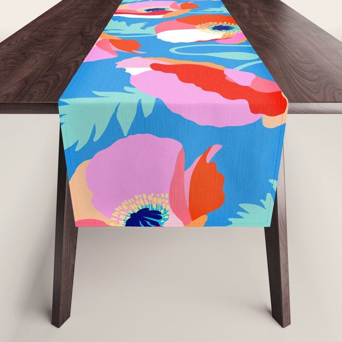 Happy Poppies 1. Red and pink on Azure BLUE Table Runner Gallery Image 1