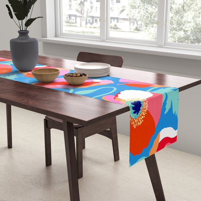 Happy Poppies 1. Red and pink on Azure BLUE Table Runner Gallery Image 2
