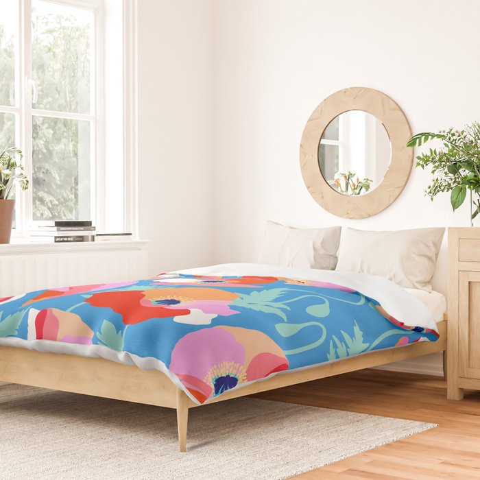 Happy Poppies 1. Red and pink on Azure BLUE Duvet Cover Gallery Image 2