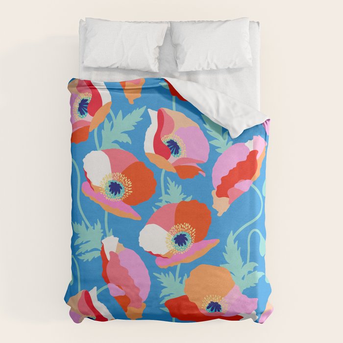 Happy Poppies 1. Red and pink on Azure BLUE Duvet Cover Gallery Image 6