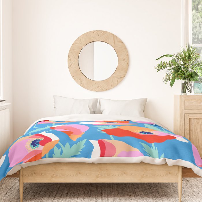 Happy Poppies 1. Red and pink on Azure BLUE Duvet Cover Gallery Image 3