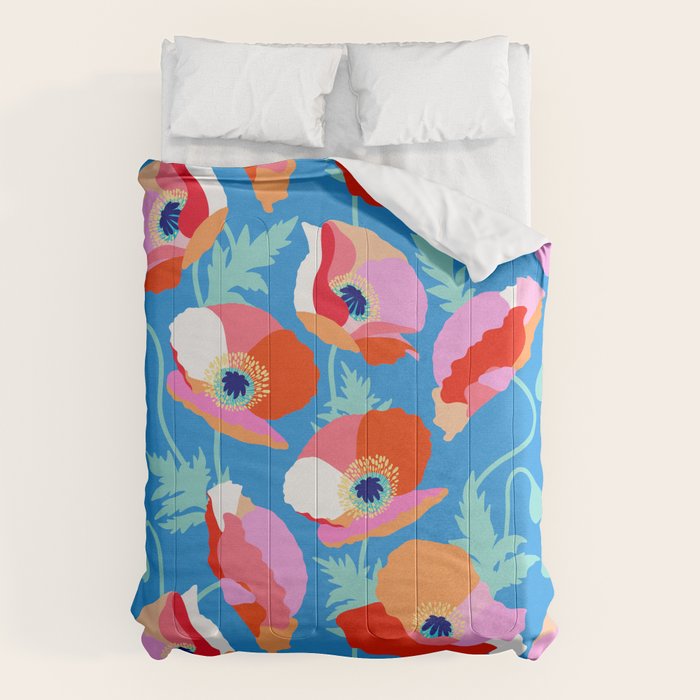 Happy Poppies 1. Red and pink on Azure BLUE Comforter Gallery Image 1