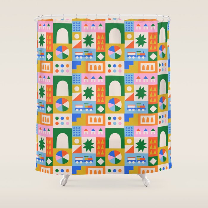 Colorful nordic children toy doodle art pattern Shower Curtain Gallery Image 1