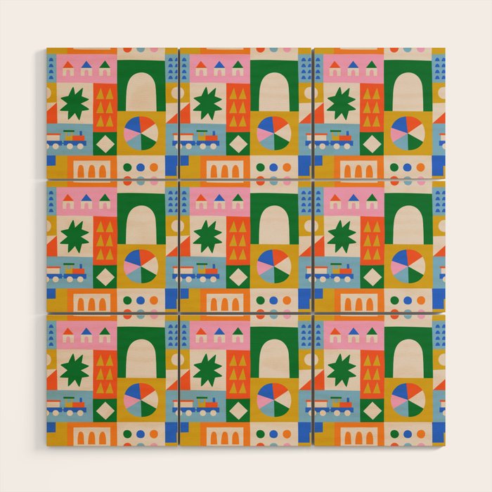Colorful nordic children toy doodle art pattern Wood Wall Art Gallery Image 1