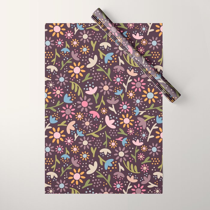 Ditsy Daisy Floral on Burgundy Wrapping Paper Gallery Image 1