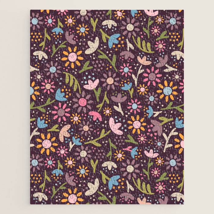 Ditsy Daisy Floral on Burgundy Jigsaw Puzzle Gallery Image 1