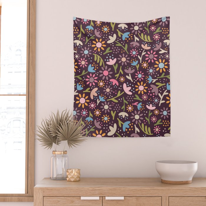 Ditsy Daisy Floral on Burgundy Wall Tapestry Gallery Image 2
