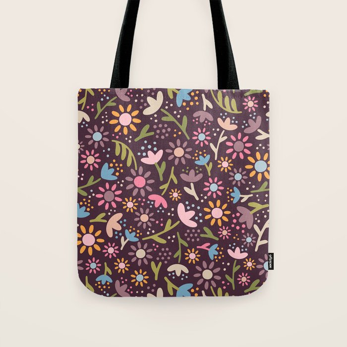 Ditsy Daisy Floral on Burgundy Tote Bag Gallery Image 1