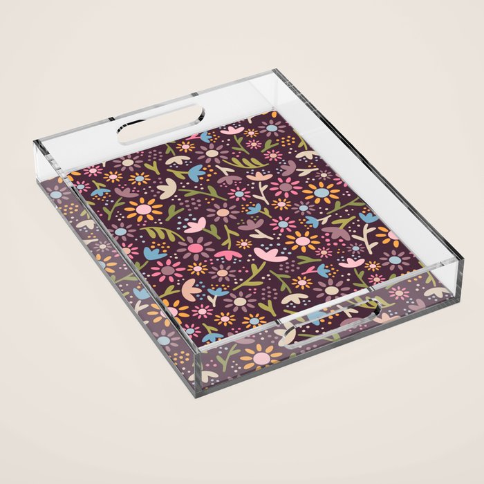 Ditsy Daisy Floral on Burgundy Acrylic Tray Gallery Image 1